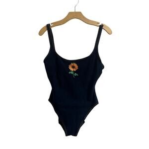 Vintage Sunflower Bodysuit Black One Piece Built In Bra Retro Size M
